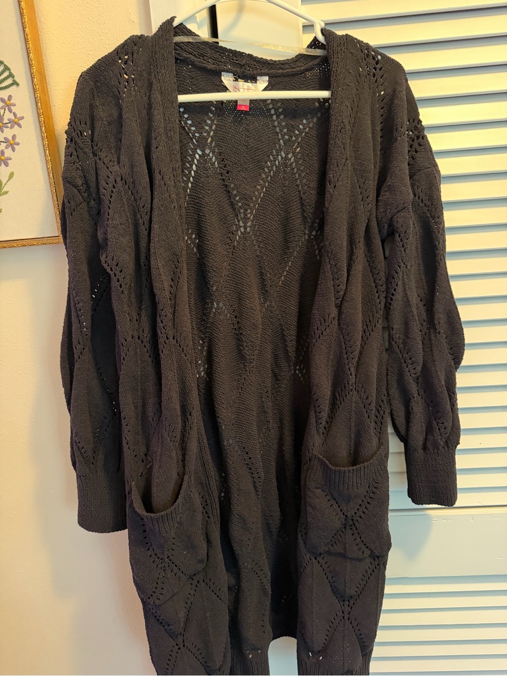No Boundaries Black Open-Front Pointelle Knit Cardigan